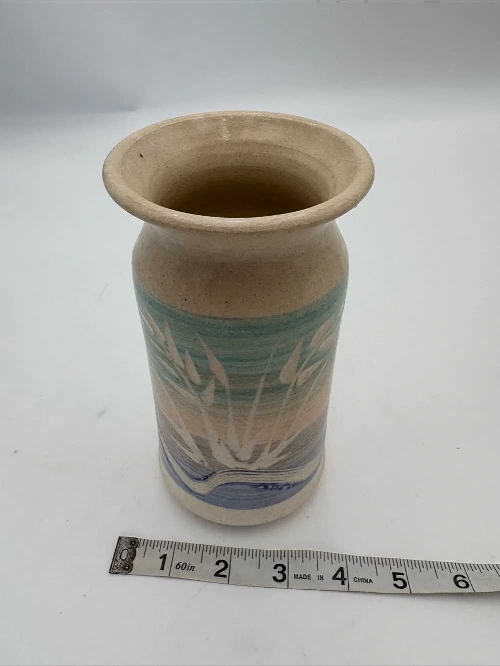 Handcrafted Vintage Signed Duffy Ceramic Vase in Pastel Blue Pink and Cream
